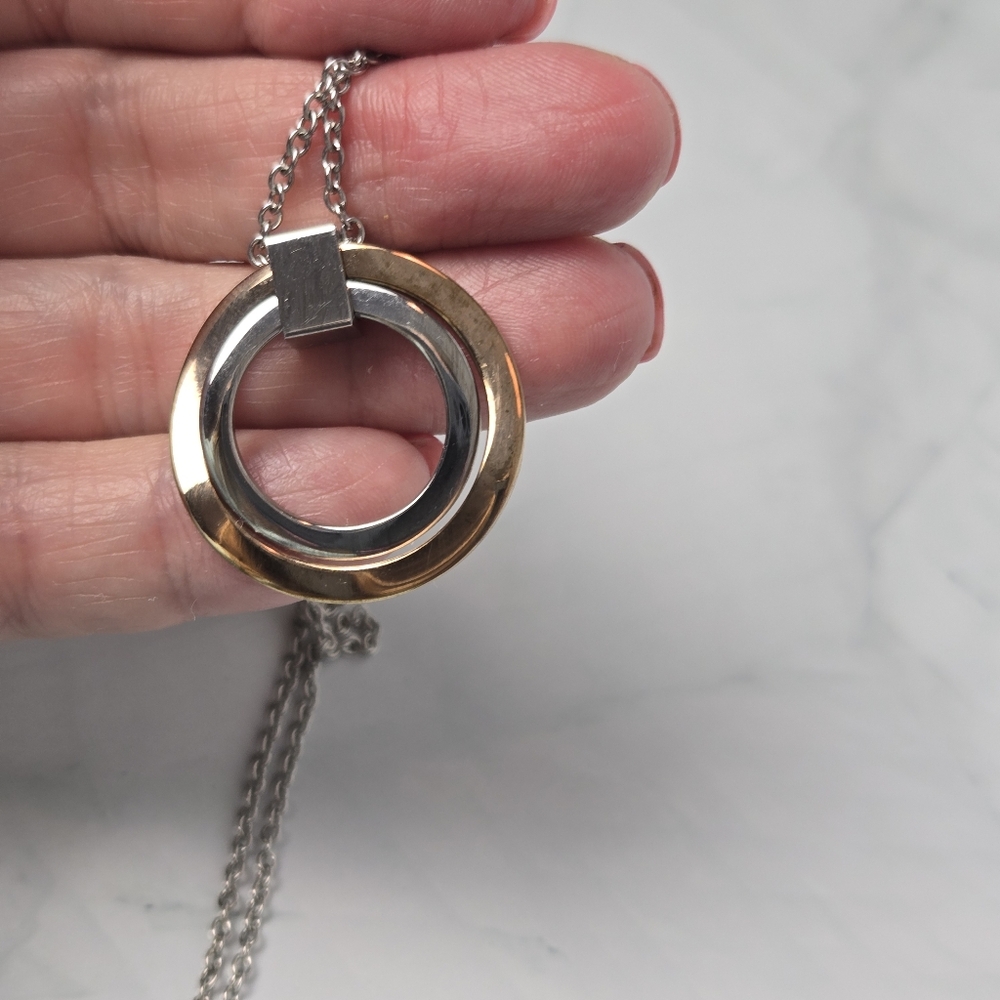 Ross Simons 2 tone rose/white gold Stainless Steel Double Hoop Necklace 9"